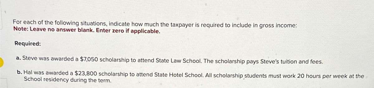 For each of the following situations, indicate how much the taxpayer is required to include in gross income:
Note: Leave no answer blank. Enter zero if applicable.
Required:
a. Steve was awarded a $7,050 scholarship to attend State Law School. The scholarship pays Steve's tuition and fees.
b. Hal was awarded a $23,800 scholarship to attend State Hotel School. All scholarship students must work 20 hours per week at the
School residency during the term.