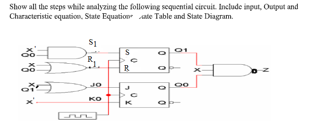 Show all the steps while analyzing the following sequential circuit. Include input, Output and
Characteristic equation, State Equation cate Table and State Diagram.
S1
Q1
R,
*1.
R
JO
x'-
KO
K
