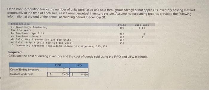 Orion Iron Corporation tracks the number of units purchased and sold throughout each year but applies its inventory costing method
perpetually at the time of each sale, as if it uses perpetual inventory system. Assume its accounting records provided the following
information at the end of the annual accounting period, December 31.
Transactions
a. Inventory, Beginning
For the year:
b. Purchase, April 11
c. Purchase, June 1
d. Sale, May 1 (sold for $38 per unit)
e. Sale, July 3 (sold for $38 per unit)
f. Operating expenses (excluding income tax expense), $19,300
Cost of Ending Inventory
Cost of Goods Sold
$
FIFO
7,400 $
Required:
Calculate the cost of ending inventory and the cost of goods sold using the FIFO and LIFO methods.
LIFO
Unita
300
8,450
700
600
300
550
Unit Cost
$10
B
11