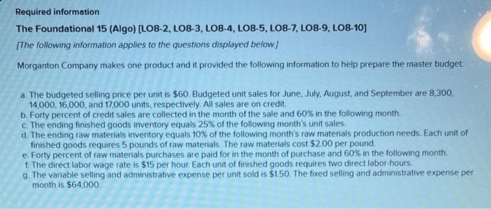 Required information
The Foundational 15 (Algo) [LO8-2, LO08-3, LO8-4, LO8-5, LO8-7, LO8-9, LO8-10]
[The following information applies to the questions displayed below]
Morganton Company makes one product and it provided the following information to help prepare the master budget
a. The budgeted selling price per unit is $60. Budgeted unit sales for June, July, August, and September are 8,300,
14,000, 16,000, and 17,000 units, respectively. All sales are on credit.
b. Forty percent of credit sales are collected in the month of the sale and 60% in the following month.
c. The ending finished goods inventory equals 25% of the following month's unit sales.
d. The ending raw materials inventory equals 10% of the following month's raw materials production needs. Each unit of
finished goods requires 5 pounds of raw materials. The raw materials cost $2.00 per pound.
e. Forty percent of raw materials purchases are paid for in the month of purchase and 60% in the following month.
f. The direct labor wage rate is $15 per hour. Each unit of finished goods requires two direct labor-hours.
g. The variable selling and administrative expense per unit sold is $1.50. The fixed selling and administrative expense per
month is $64,000.