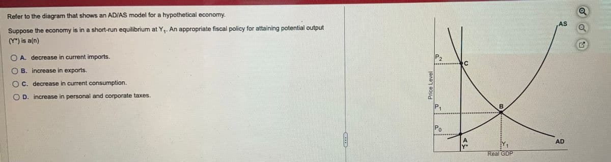 Refer to the diagram that shows an AD/AS model for a hypothetical economy.
Suppose the economy is in a short-run equilibrium at Y₁. An appropriate fiscal policy for attaining potential output
(Y*) is a(n)
O A. decrease in current imports.
OB. increase in exports.
OC. decrease in current consumption.
OD. increase in personal and corporate taxes.
Price Level
P₁
Po
A
1
Real GDP
AS
AD
Q
G