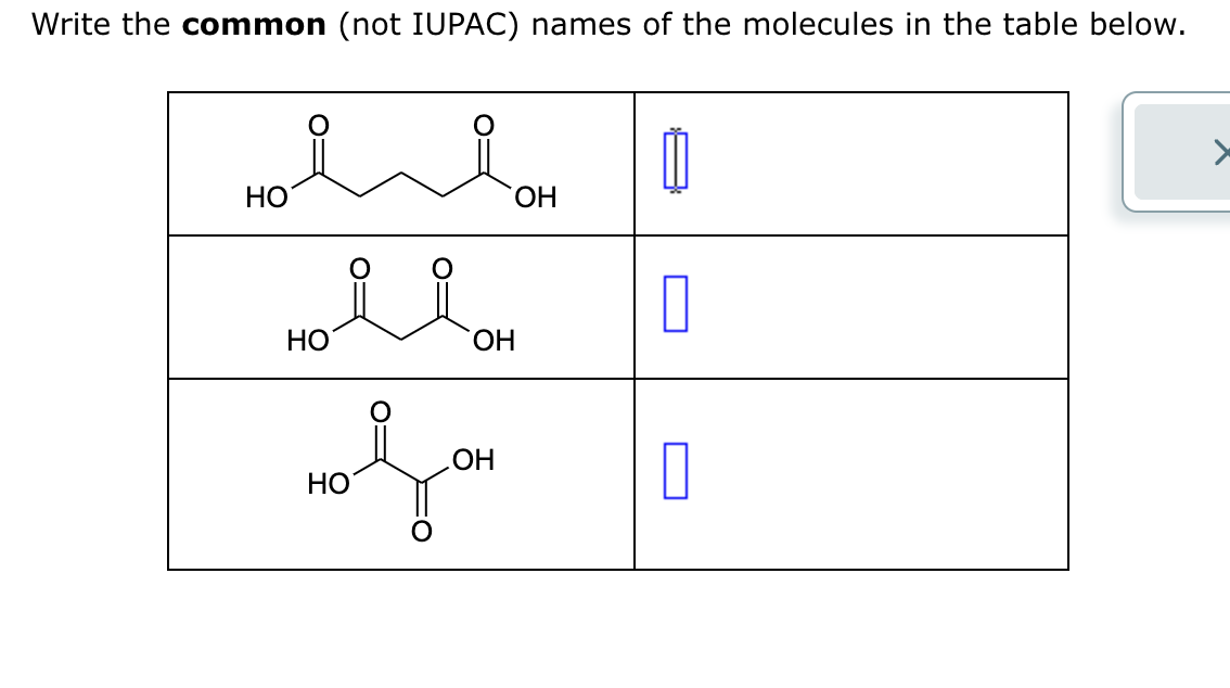 Write the common (not IUPAC) names of the molecules in the table below.
яя
HO
ОН
яван
ОН
НО
юза
Ш
О
О