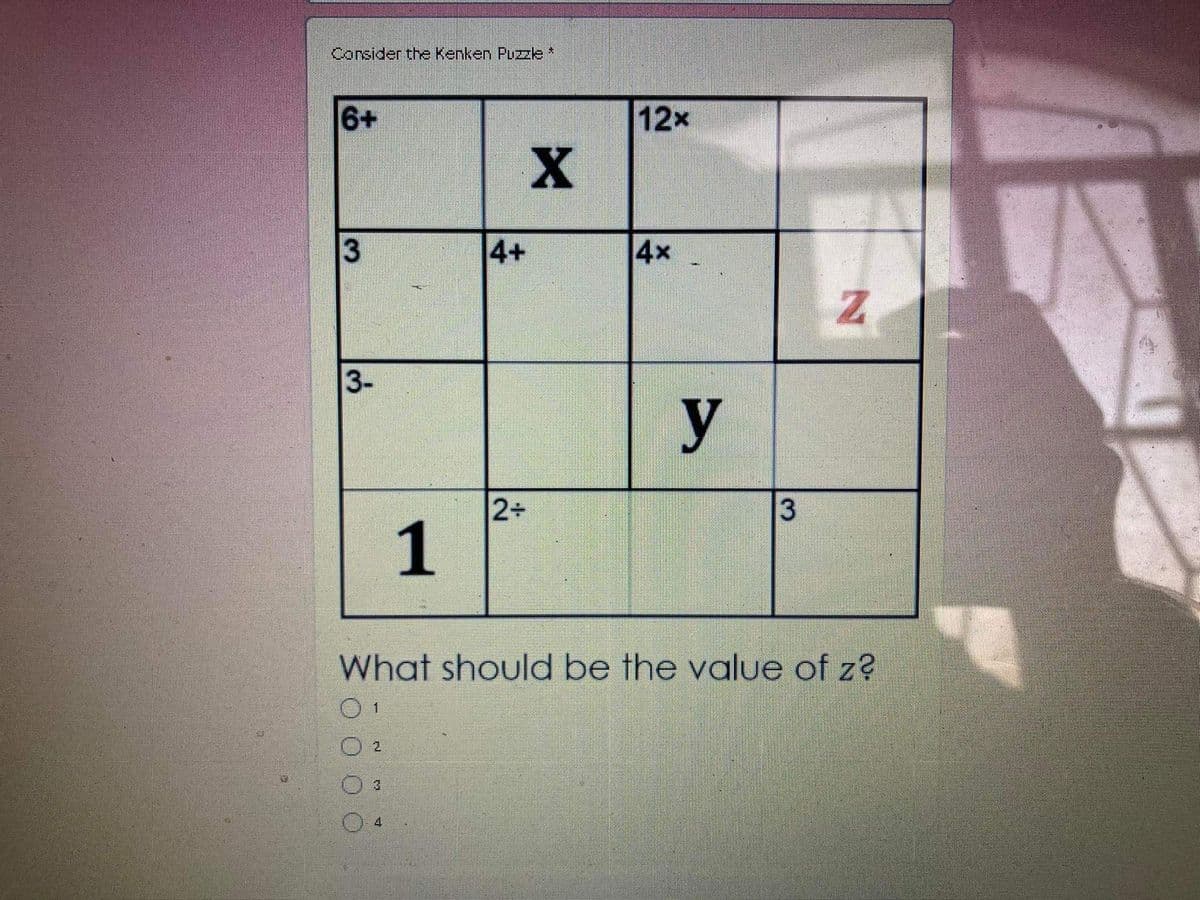 Consider the Kenken Puzzle*
6+
12x
4+
4x
y
2+
1
What should be the value of z?
一
2.
3.
3-
3.
