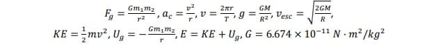 Fg
KE = mv², Ug
Gm₂mz
r2
==
2
ac
-2²₁v=2²7₁9=
= 27, g = GM, Vesc =
=
Gm₁m₂
T
2GM
VR
E = KE + Ug, G = 6.674 x 10-¹1 N. m²/kg²
}