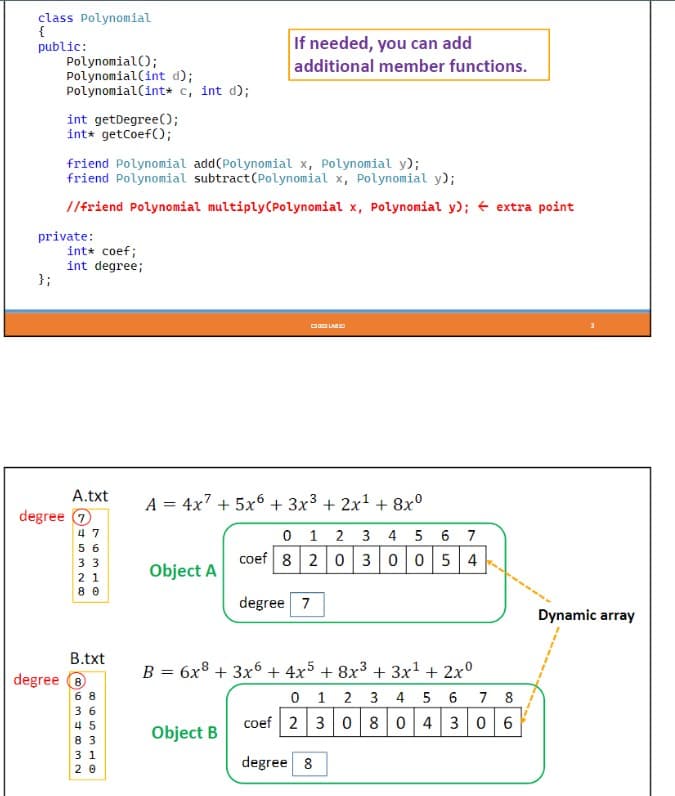 class Polynomial
{
public:
Polynomial();
Polynomial(int d);
Polynomial(int* c, int d);
};
int getDegree();
int* getCoef();
private:
friend Polynomial add(Polynomial x, Polynomial y);
friend Polynomial subtract (Polynomial x, Polynomial y);
//friend Polynomial multiply(Polynomial x, Polynomial y); extra point
int* coef;
int degree;
A.txt
degree 7
47
5 6
33
21
80
B.txt
degree 8
68
36
45
83
31
20
If needed, you can add
additional member functions.
Object A
A = 4x² + 5x6 + 3x³ + 2x¹ + 8x⁰
COLABO
Object B
0 1 2 3 4 5 6 7
coef 8 2 0 3 0 0 54
degree 7
B = 6x² + 3x6 + 4x5 + 8x³ + 3x¹ + 2x⁰
0 1 2 3 4 5 6
78
coef 2 3 0 8 0 4 3 0 6
degree 8
Dynamic array