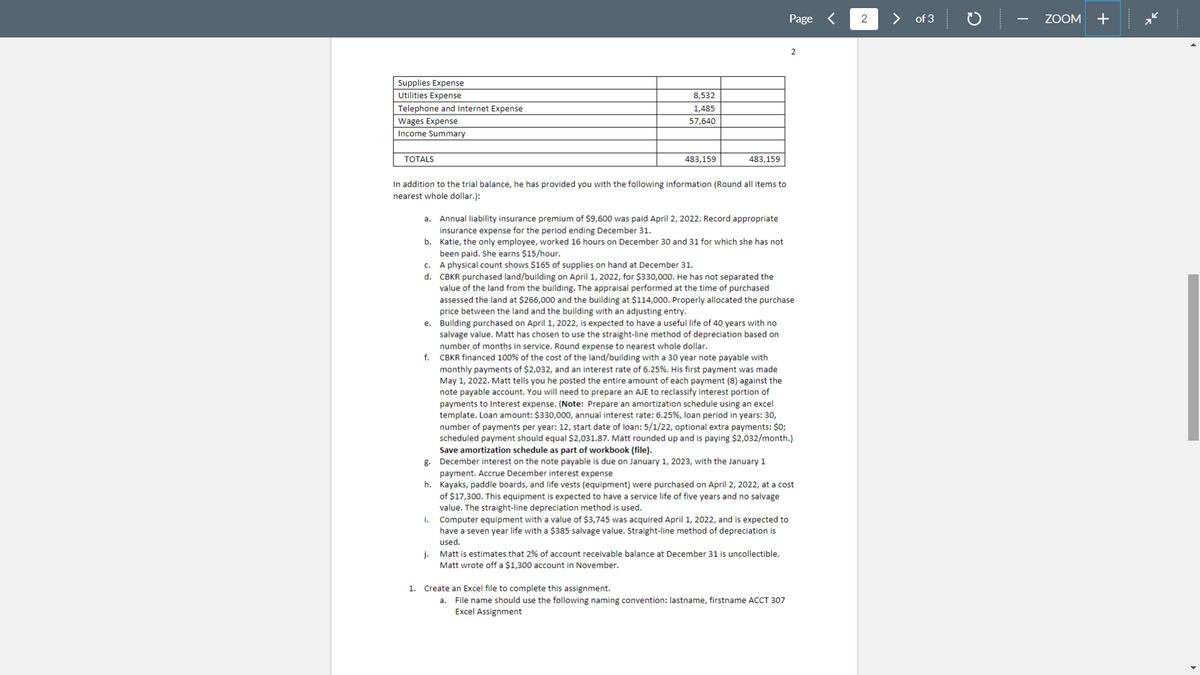 Supplies Expense
Utilities Expense
Telephone and Internet Expense
Wages Expense
Income Summary
TOTALS
a.
In addition to the trial balance, he has provided you with the following information (Round all items to
nearest whole dollar.):
c.
d.
f.
8,532
1,485
57,640
g.
483,159
Annual liability insurance premium of $9,600 was paid April 2, 2022. Record appropriate
insurance expense for the period ending December 31.
b. Katie, the only employee, worked 16 hours on December 30 and 31 for which she has not
been paid. She earns $15/hour.
A physical count shows $165 of supplies on hand at December 31.
CBKR purchased land/building on April 1, 2022, for $330,000. He has not separated the
value of the land from the building. The appraisal performed at the time of purchased
assessed the land at $266,000 and the building at $114,000. Properly allocated the purchase
price between the land and the building with an adjusting entry.
e. Building purchased on April 1, 2022, is expected to have a useful life of 40 years with no
salvage value. Matt has chosen to use the straight-line method of depreciation based on
number of months in service. Round expense to nearest whole dollar.
CBKR financed 100% of the cost of the land/building with a 30 year note payable with
monthly payments of $2,032, and an interest rate of 6.25%. His first payment was made
May 1, 2022. Matt tells you he posted the entire amount of each payment (8) against the
note payable account. You will need to prepare an AJE to reclassify interest portion of
payments to Interest expense. (Note: Prepare an amortization schedule using an excel
template. Loan amount: $330,000, annual interest rate: 6.25%, loan period in years: 30,
number of payments per year: 12, start date of loan: 5/1/22, optional extra payments: $0;
scheduled payment should equal $2,031.87. Matt rounded up and is paying $2,032/month.)
Save amortization schedule as part of workbook (file).
December interest on the note payable is due on January 1, 2023, with the January 1
payment. Accrue December interest expense
h. Kayaks, paddle boards, and life vests (equipment) were purchased on April 2, 2022, at a cost
of $17,300. This equipment is expected to have a service life of five years and no salvage
value. The straight-line depreciation method is used.
i.
483,159
Page <
Computer equipment with a value of $3,745 was acquired April 1, 2022, and is expected to
have a seven year life with a $385 salvage value. Straight-line method of depreciation is
used.
j. Matt is estimates that 2% of account receivable balance at December 31 is uncollectible.
Matt wrote off a $1,300 account in November.
1. Create an Excel file to complete this assignment.
a. File name should use the following naming convention: lastname, firstname ACCT 307
Excel Assignment
2
2
of 3
C
I
ZOOM +