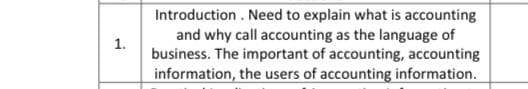 1.
Introduction. Need to explain what is accounting
and why call accounting as the language of
business. The important of accounting, accounting
information, the users of accounting information.