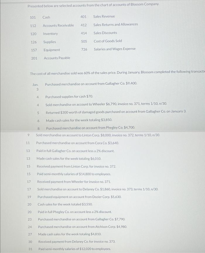 Presented below are selected accounts from the chart of accounts of Blossom Company.
9
101
112 Accounts Receivable
Inventory
Supplies
Equipment
201 Accounts Payable
11
120
13
13
15
15
126
157
17
17
19
20
The cost of all merchandise sold was 60% of the sales price. During January, Blossom completed the following transacti
Purchased merchandise on account from Gallagher Co. $9,400.
20
23
24
27
30
Jan.
3
31
4
Cash
4
5
401
6
412
414
505
Purchased supplies for cash $70.
Sold merchandise on account to Wheeler $6,790, invoice no. 371, terms 1/10, n/30.
Returned $300 worth of damaged goods purchased on account from Gallagher Co. on January 3.
Made cash sales for the week totaling $3,850.
8
Purchased merchandise on account from Phegley Co. $4,700.
Sold merchandise on account to Linton Corp. $8,000, invoice no. 372, terms 1/10, n/30.
Purchased merchandise on account from Cora Co. $3,640.
Paid in full Gallagher Co. on account less a 2% discount.
Made cash sales for the week totaling $6,010.
726
Sales Revenue
Sales Returns and Allowances
Sales Discounts
Cost of Goods Sold
Salaries and Wages Expense
Received payment from Linton Corp. for invoice no. 372.
Paid semi-monthly salaries of $14,800 to employees.
Received payment from Wheeler for invoice no. 371.
Sold merchandise on account to Delaney Co. $1,860, invoice no. 373, terms 1/10, n/30.
Purchased equipment on account from Dozier Corp. $5,630.
Cash sales for the week totaled $3,550.
Paid in full Phegley Co, on account less a 2% discount.
Purchased merchandise on account from Gallagher Co. $7,790.
Purchased merchandise on account from Atchison Corp. $4,980.
Made cash sales for the week totaling $4,810.
Received payment from Delaney Co. for invoice no. 373.
Paid semi-monthly salaries of $12,020 to employees.