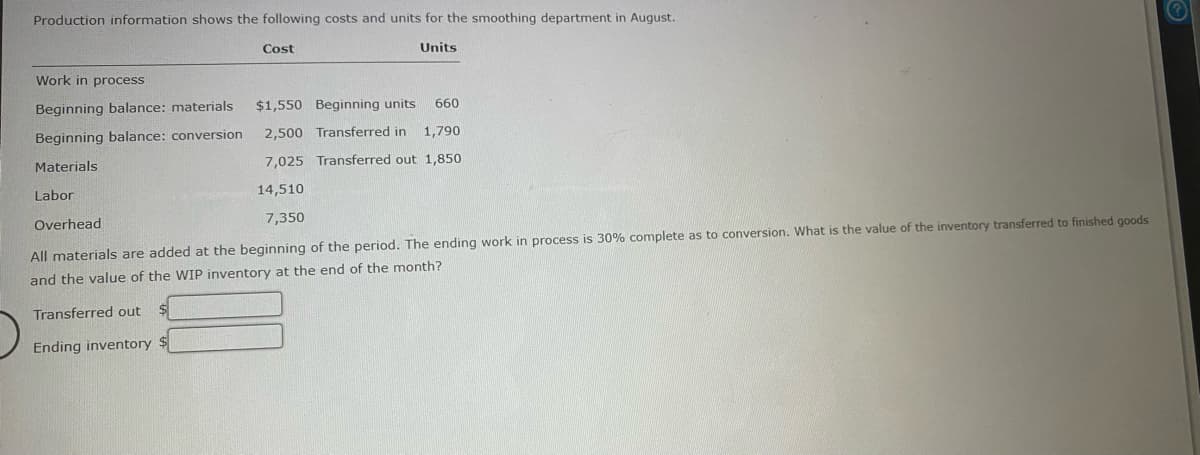 Production information shows the following costs and units for the smoothing department in August.
Cost
Units
Work in process
Beginning balance: materials
$1,550 Beginning units
660
Beginning balance: conversion
2,500 Transferred in 1,790
Materials
7,025 Transferred out 1,850
Labor
14,510
Overhead
7,350
All materials are added at the beginning of the period. The ending work in process is 30% complete as to conversion. What is the value of the inventory transferred to finished goods
and the value of the WIP inventory at the end of the month?
Transferred out
Ending inventory $
