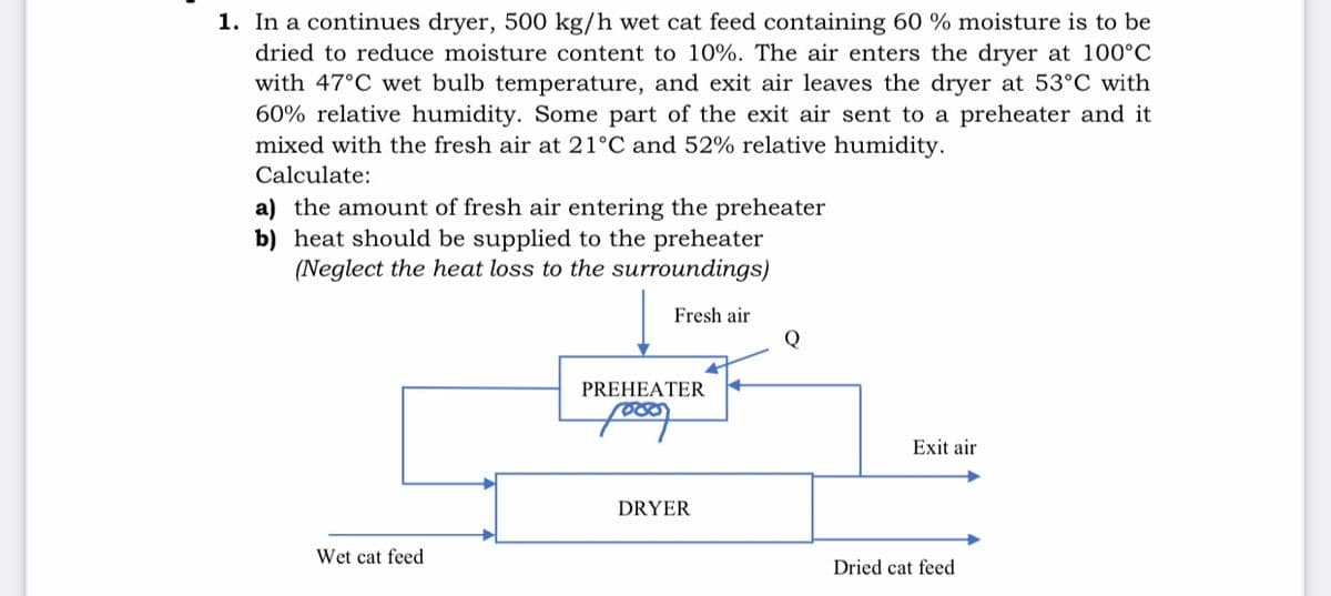 1. In a continues dryer, 500 kg/h wet cat feed containing 60 % moisture is to be
dried to reduce moisture content to 10%. The air enters the dryer at 100°C
with 47°C wet bulb temperature, and exit air leaves the dryer at 53°C with
60% relative humidity. Some part of the exit air sent to a preheater and it
mixed with the fresh air at 21°C and 52% relative humidity.
Calculate:
a) the amount of fresh air entering the preheater
b) heat should be supplied to the preheater
(Neglect the heat loss to the surroundings)
Fresh air
Q
PREHEATER
Exit air
DRYER
Wet cat feed
Dried cat feed
