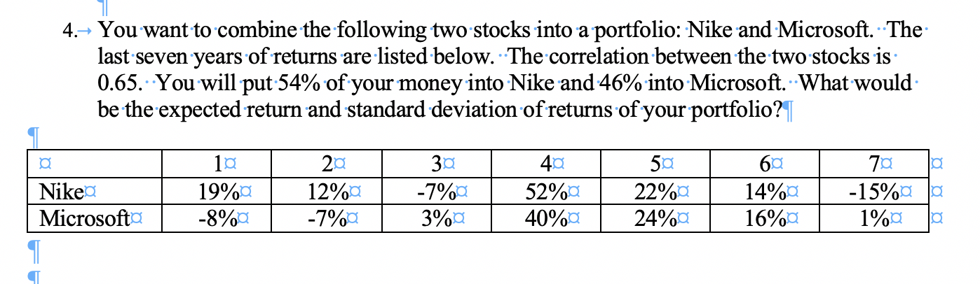 4.You want to combine the following two stocks into a portfolio: Nike and Microsoft. The
last seven years of returns are listed below. The correlation between the two stocks is
0.65. You willput 54% of your money into Nike and 46% into Microsoft. What would
be the expected return and standard deviation of returns of your portfolio?
3a
-7%a
3%a
40
20
52%
40%a
-15%aa
1%a
19%a
12%a
14%a
Nike
22%a
24%a
Microsofta
16%a
-8%
-7%a
