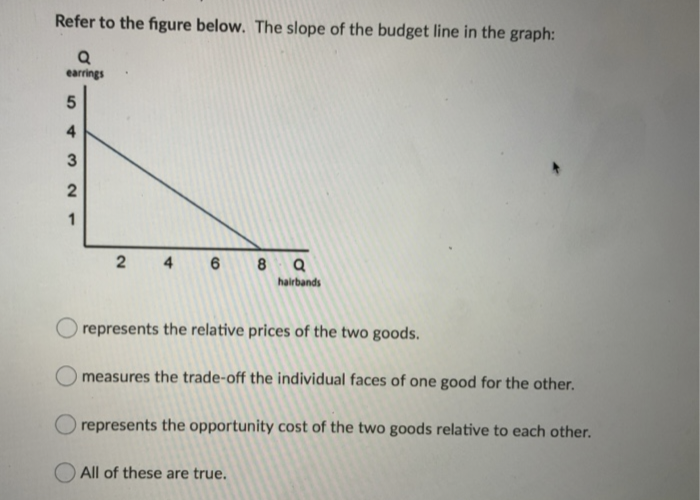 Refer to the figure below. The slope of the budget line in the graph:
Q
earrings
5
4
21
8 Q
hairbands
O represents the relative prices of the two goods.
O measures the trade-off the individual faces of one good for the other.
O represents the opportunity cost of the two goods relative to each other.
2
4 6
All of these are true.