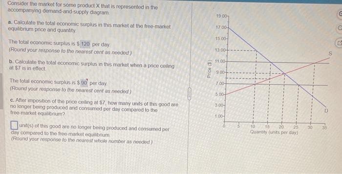 Consider the market for some product X that is represented in the
accompanying demand-and-supply diagram.
a. Calculate the total economic surplus in this market at the free-market
equilibrium price and quantity
The total economic surplus is $ 120 per day
(Round your response to the nearest cent as needed)
b. Calculate the total economic surplus in this market when a price ceiling
at $7 is in effect
The total economic surplus is $90 per day.
(Round your response to the nearest cent as needed)
c. After imposition of the price ceiling at $7, how many units of this good are
no longer being produced and consumed per day compared to the
free-market equilibrium?
unit(s) of this good are no longer being produced and consumed per
day compared to the free-market equilibrium
(Round your response to the nearest whole number as needed)
Price ($)
19.00
17.00
15.00
13.00-
11.00-
9.00-
7.00-
5.00
3.00-
1.00-
0
10
15
20
25
Quantity (units per day)
30
S
D
35
G