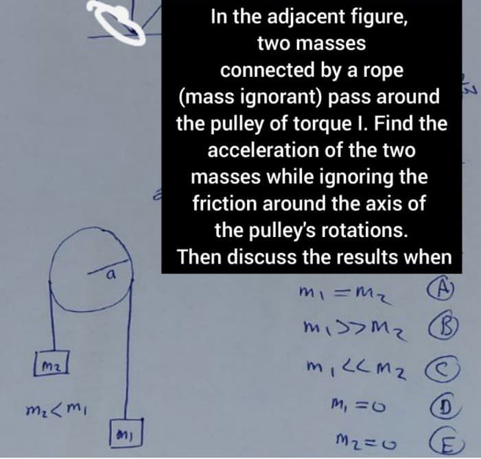 In the adjacent figure,
two masses
connected by a rope
(mass ignorant) pass around
the pulley of torque I. Find the
acceleration of the two
masses while ignoring the
friction around the axis of
the pulley's rotations.
Then discuss the results when
mi =Mz
|3D
missMz
M2.
M, =0
