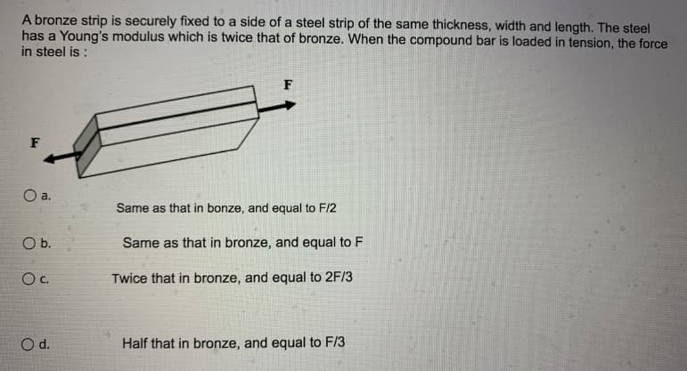 A bronze strip is securely fixed to a side of a steel strip of the same thickness, width and length. The steel
has a Young's modulus which is twice that of bronze. When the compound bar is loaded in tension, the force
in steel is :
F
F
Oa.
Same as that in bonze, and equal to F/2
O b.
Same as that in bronze, and equal to F
Oc.
Twice that in bronze, and equal to 2F/3
Od.
Half that in bronze, and equal to F/3
