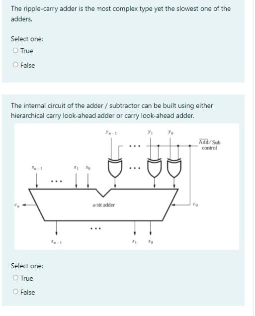 The ripple-carry adder is the most complex type yet the slowest one of the
adders.
Select one:
O True
O False
The internal circuit of the adder/ subtractor can be built using either
hierarchical carry look-ahead adder or carry look-ahead adder.
Select one:
O True
O False
...
3-1
n-bit adder
D
30
Yo
Add/Sub
control