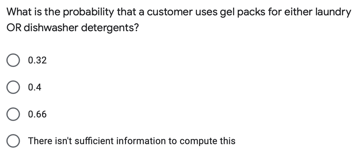 **Question:** What is the probability that a customer uses gel packs for either laundry OR dishwasher detergents?

- ○ 0.32
- ○ 0.4
- ○ 0.66
- ○ There isn't sufficient information to compute this