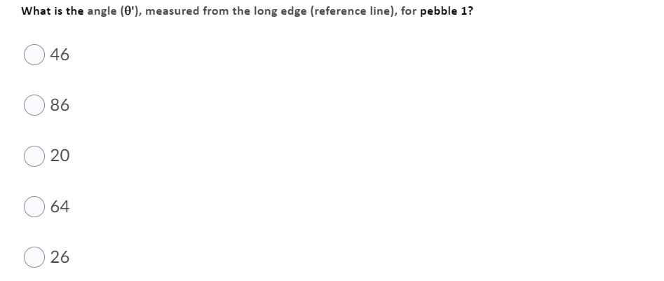 What is the angle (e'), measured from the long edge (reference line), for pebble 1?
46
86
20
64
26
