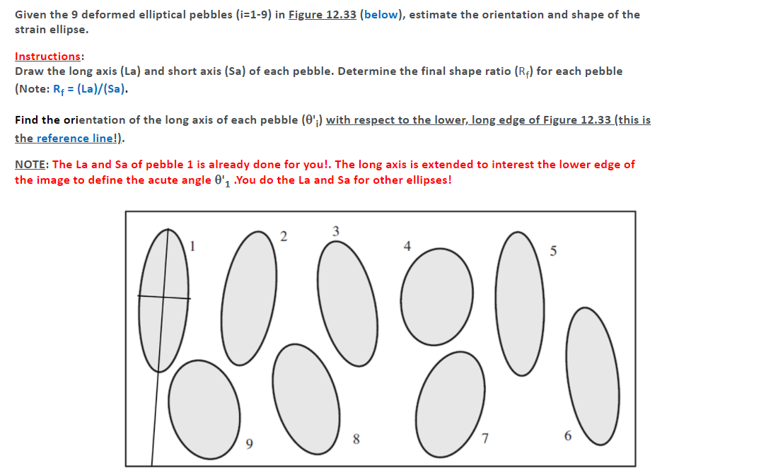 Given the 9 deformed elliptical pebbles (i=1-9) in Figure 12.33 (below), estimate the orientation and shape of the
strain ellipse.
Instructions:
Draw the long axis (La) and short axis (Sa) of each pebble. Determine the final shape ratio (R;) for each pebble
(Note: Rf = (La)/(Sa).
Find the orientation of the long axis of each pebble (0';) with respect to the lower, long edge of Figure 12.33 (this is
the reference line!).
NOTE: The La and Sa of pebble 1 is already done for you!. The long axis is extended to interest the lower edge of
the image to define the acute angle 0', You do the La and Sa for other ellipses!
3
2
4
5
9
8

