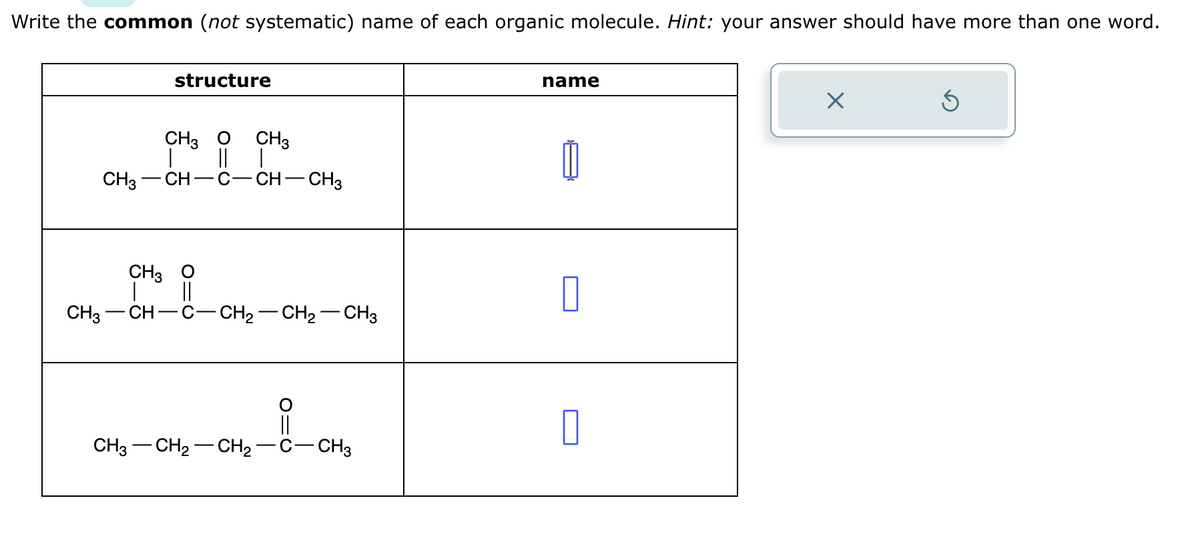 Write the common (not systematic) name of each organic molecule. Hint: your answer should have more than one word.
structure
CH3 O CH3
| |
||
CH3- —CH–C−CH–CH3
CH3 O
||
CH3-CH-C-
- CH₂ - CH₂ - CH3
O
||
CH3CH2CH₂-C-CH3
name
0
0
X
S