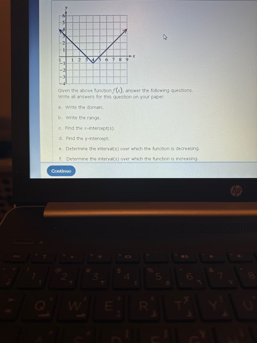 esc
?
79
2
1 2 3 4 5 6 789
Given the above function f(x), answer the following questions.
Write all answers for this question on your paper.
a. Write the domain.
b. Write the range.
c. Find the x-intercept(s).
d. Find the y-intercept.
e. Determine the interval(s) over which the function is decreasing.
f. Determine the interval(s) over which the function is increasing.
Continue
#
E
$
E
R
5
O
6
&
7
V
8