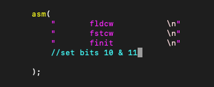 asm(
\n"
\n"
\n"
fldcw
fstcw
finit
//set bits 10 & 11
