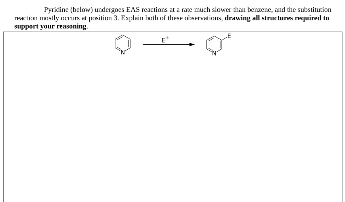 Pyridine (below) undergoes EAS reactions at a rate much slower than benzene, and the substitution
reaction mostly occurs at position 3. Explain both of these observations, drawing all structures required to
support your reasoning.
E+
E