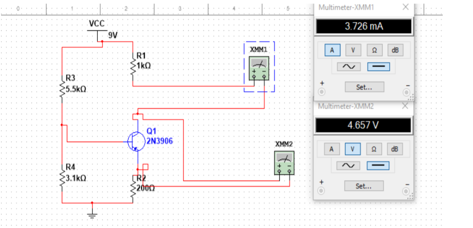 Multimeter-XMM1
VCC
3.726 mA
9V
XMM1
A
dB
R1
$1kO
R3
5.5kO.
Set...
Multimeter-XMM2
4.657 V
Q1
2N3906
XMM2
A
dB
R4
3.1k0
(R2
2000
Set...

