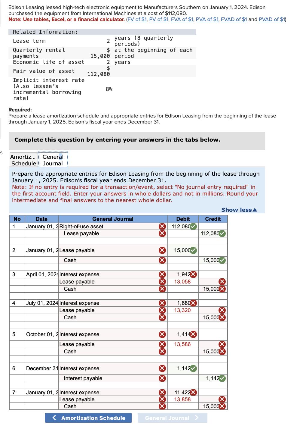 S
Edison Leasing leased high-tech electronic equipment to Manufacturers Southern on January 1, 2024. Edison
purchased the equipment from International Machines at a cost of $112,080.
Note: Use tables, Excel, or a financial calculator. (FV of $1, PV of $1, FVA of $1, PVA of $1, FVAD of $1 and PVAD of $1)
Related Information:
Lease term
Quarterly rental
payments
Economic life of asset
2
years (8 quarterly
periods)
$ at the beginning of each
15,000 period
2 years
$
Fair value of asset
112,080
Implicit interest rate
(Also lessee's
8%
incremental borrowing
rate)
Required:
Prepare a lease amortization schedule and appropriate entries for Edison Leasing from the beginning of the lease
through January 1, 2025. Edison's fiscal year ends December 31.
Complete this question by entering your answers in the tabs below.
Amortiz... General
Schedule
Journal
Prepare the appropriate entries for Edison Leasing from the beginning of the lease through
January 1, 2025. Edison's fiscal year ends December 31.
Note: If no entry is required for a transaction/event, select "No journal entry required" in
the first account field. Enter your answers in whole dollars and not in millions. Round your
intermediate and final answers to the nearest whole dollar.
Show less▲
No
1
Date
General Journal
January 01, 2 Right-of-use asset
Debit
X112,080
Credit
Lease payable
☑
112,080
2
January 01, 2 Lease payable
Cash
× ☑
15,000
15,000
3
April 01, 2024 Interest expense
Lease payable
Cash
✓
1,942X
☑
13,058
☑
15,000X
4
July 01, 2024 Interest expense
Lease payable
☑
1,680X
☑
13,320
Cash
15,000X
5
October 01, 2 Interest expense
×
1,414X
Lease payable
Cash
☑
13,586
☑
15,000X
6
December 31 Interest expense
×
1,142
Interest payable
☑
1,142
7
January 01, 2 Interest expense
Lease payable
☑
11,422X
☑
13,858
✓
Cash
☑
15,000X
< Amortization Schedule
General Journal >