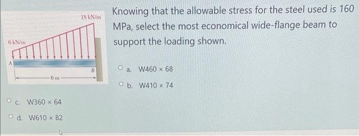 6 kN/m
6 m
O C. W360 x 64
Od. W610 × 82
18 kN/m
B
Knowing that the allowable stress for the steel used is 160
MPa, select the most economical wide-flange beam to
support the loading shown.
O a. W460 × 68
O b.
W410 x 74