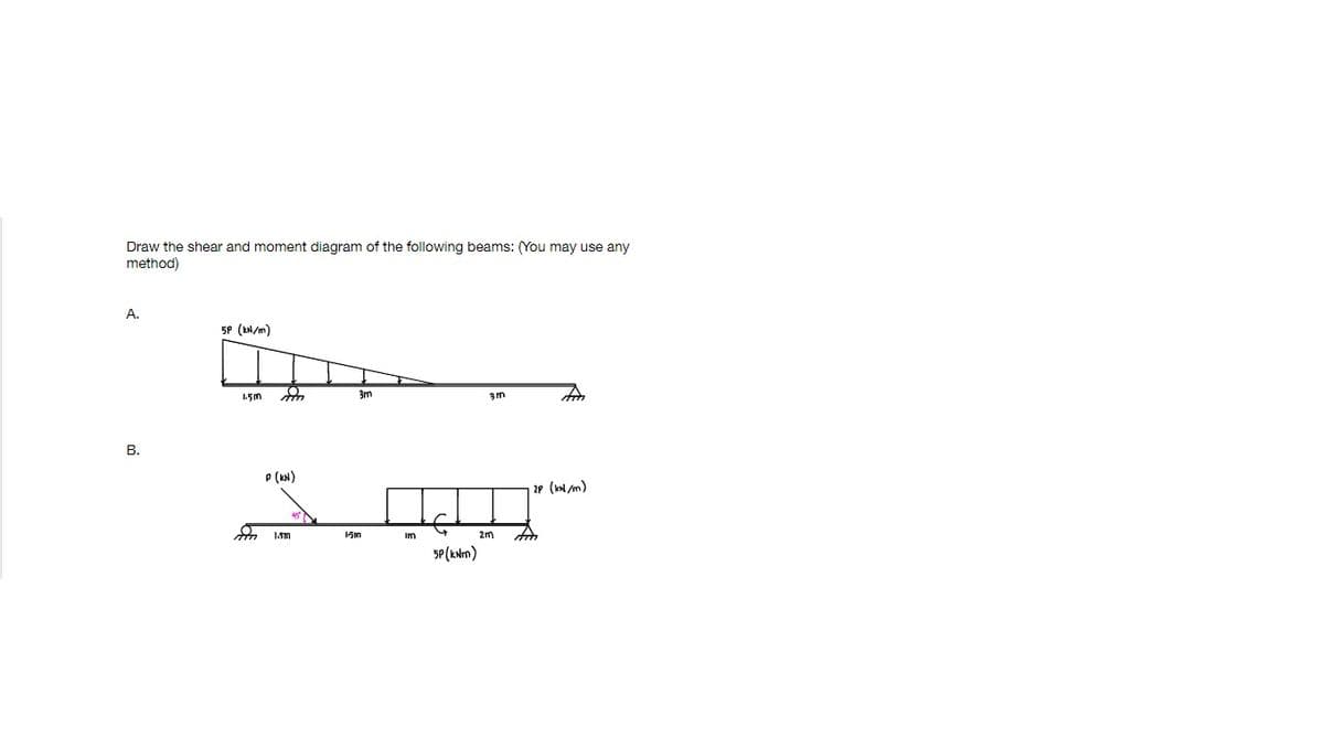 Draw the shear and moment diagram of the following beams: (You may use any
method)
A.
5P (EN/m)
15M
В.
P (kN)
20 (m m)
im
2m
5P (kwm)
