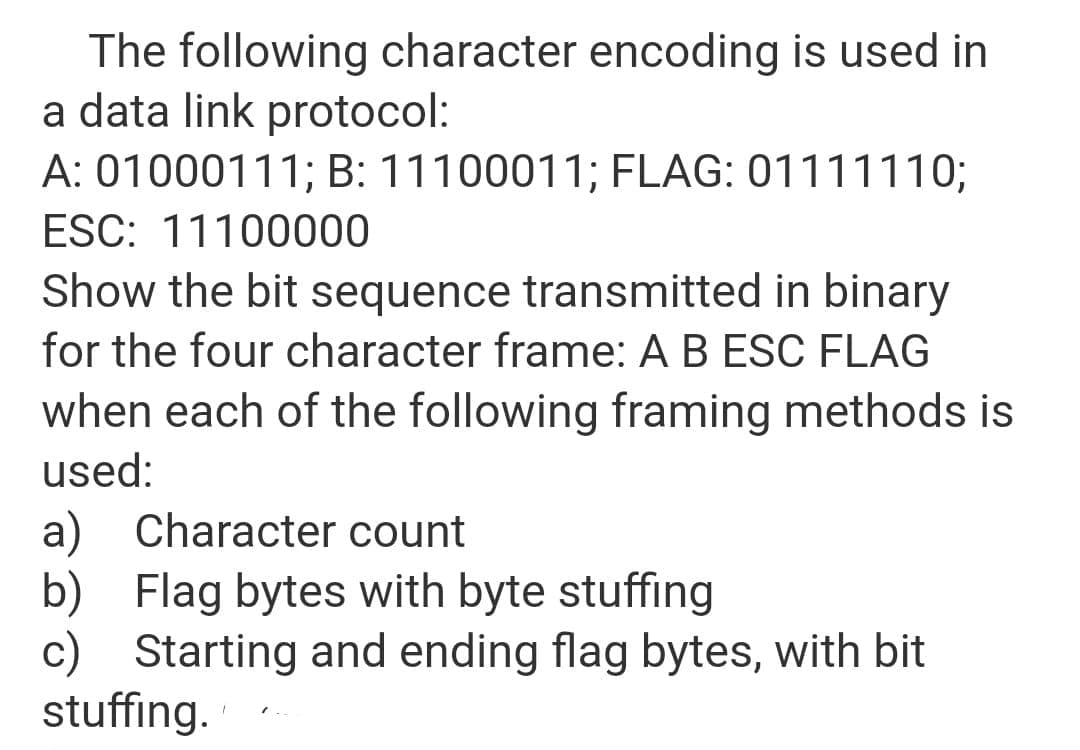 The following character encoding is used in
a data link protocol:
A: 01000111; B: 11100011; FLAG: 01111110%;
ESC: 11100000
Show the bit sequence transmitted in binary
for the four character frame: A B ESC FLAG
when each of the following framing methods is
used:
a) Character count
b) Flag bytes with byte stuffing
c) Starting and ending flag bytes, with bit
stuffing.
