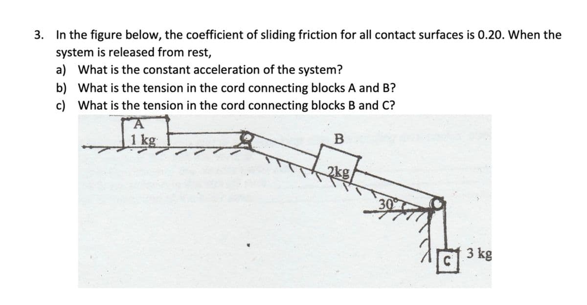 3. In the figure below, the coefficient of sliding friction for all contact surfaces is 0.20. When the
system is released from rest,
a) What is the constant acceleration of the system?
b) What is the tension in the cord connecting blocks A and B?
c) What is the tension in the cord connecting blocks B and C?
1 kg
3 kg
