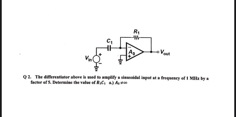 Vin
C₁
HH
R₁
W
Ao
Vout
Q2. The differentiator above is used to amplify a sinusoidal input at a frequency of 1 MHz by a
factor of 5. Determine the value of R₁C₁ a.) Ao #00