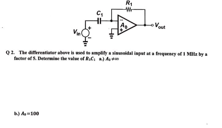 Vin
b.) Ao=100
C₁
HH
R₁
W
Vout
Q2. The differentiator above is used to amplify a sinusoidal input at a frequency of 1 MHz by a
factor of 5. Determine the value of R₁C₁ a.) Ao #00