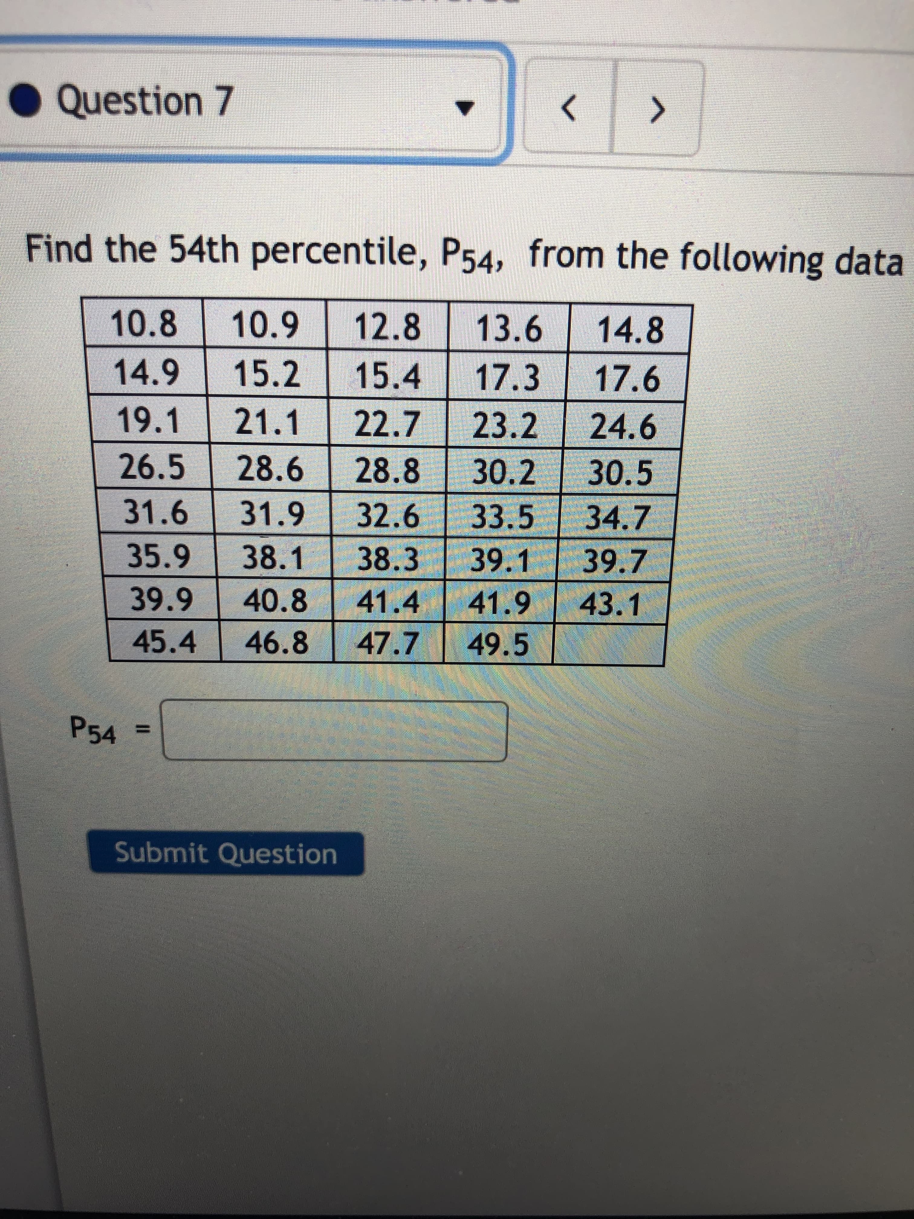 Find the 54th percentile, P54, from the following data
