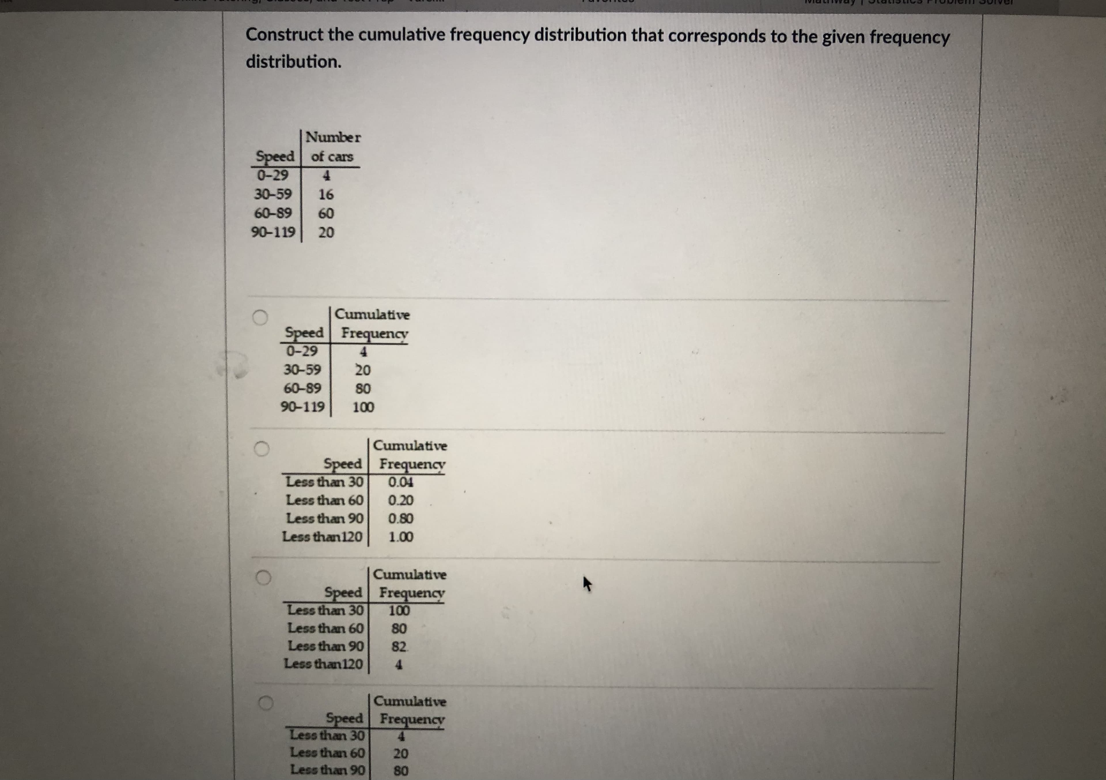 Construct the cumulative frequency distribution that corresponds to the given frequency
distribution.
Number
Speed of cars
0-29
4
30-59
16
60-89
60
90-119
20
