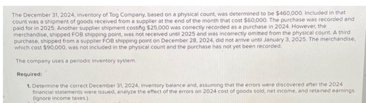 The December 31, 2024, inventory of Tog Company, based on a physical count, was determined to be $460,000. Included in that
count was a shipment of goods received from a supplier at the end of the month that cost $60,000. The purchase was recorded and
paid for in 2025. Another supplier shipment costing $25,000 was correctly recorded as a purchase in 2024. However, the
merchandise, shipped FOB shipping point, was not received until 2025 and was incorrectly omitted from the physical count. A third
purchase, shipped from a supplier FOB shipping point on December 28, 2024, did not arrive until January 3, 2025. The merchandise.
which cost $90,000, was not included in the physical count and the purchase has not yet been recorded.
The company uses a periodic inventory system.
Required:
1. Determine the correct December 31, 2024, inventory balance and, assuming that the errors were discovered after the 2024
financial statements were issued, analyze the effect of the errors on 2024 cost of goods sold, net income, and retained earnings.
(Ignore income taxes)