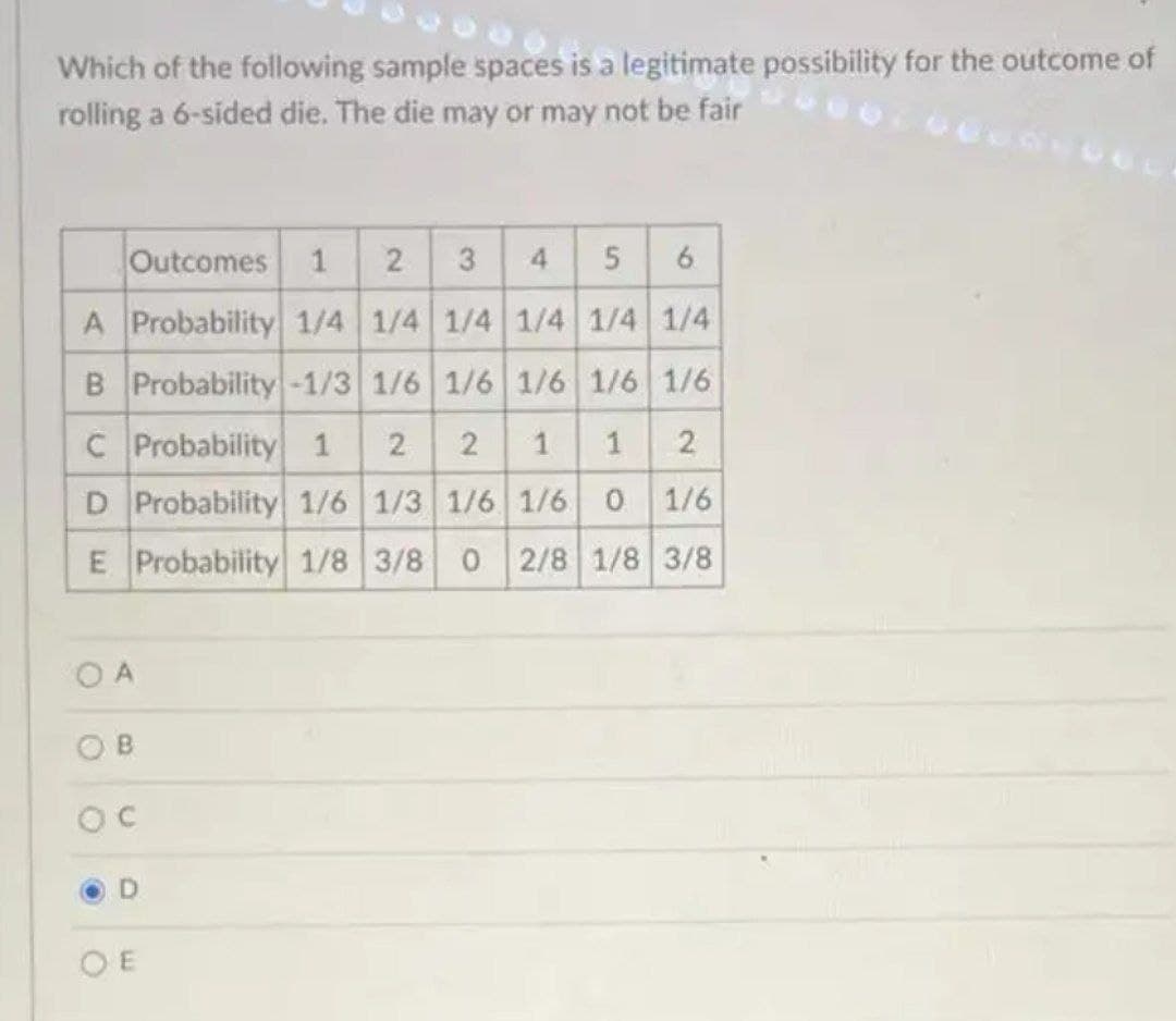 Which of the following sample spaces is a legitimate possibility for the outcome of
rolling a 6-sided die. The die may or may not be fair
Outcomes
1
4.
6.
A Probability 1/4 1/4 1/4 1/4 1/4 1/4
B Probability-1/3 1/6 1/6 1/6 1/6 1/6
C Probability 1
1
D Probability 1/6 1/3 1/6 1/6 0 1/6
E Probability 1/8 3/8 0 2/8 1/8 3/8
O A
O B
OC
D.
O E
2.
5.
1.
3.
2.
2.
2.
