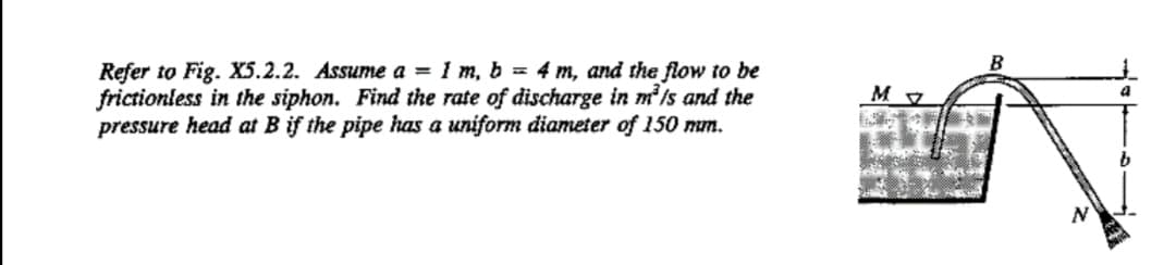 Refer to Fig. X5.2.2. Assume a = I m, b = 4 m, and the flow to be
frictionless in the siphon. Find the rate of discharge in m'ls and the
pressure head at B if the pipe has a uniform diameter of 150 mm.
