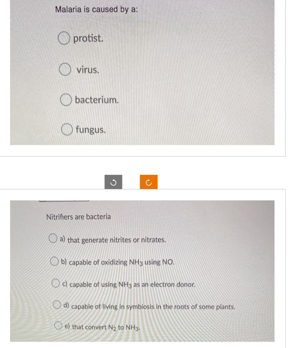 Malaria is caused by a:
O protist.
virus.
bacterium.
O fungus.
Nitrifiers are bacteria
U a) that generate nitrites or nitrates.
O b) capable of oxidizing NH3 using NO.
O c) capable of using NH3 as an electron donor.
O d) capable of living in symbiosis in the roots of some plants.
O e) that convert N2 to NH3.
