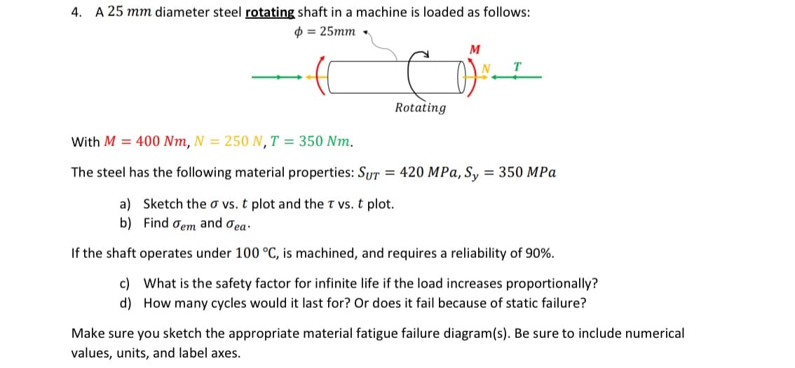 4. A 25 mm diameter steel rotating shaft in a machine is loaded as follows:
= 25mm.
Rotating
With M = 400 Nm, N = 250 N, T = 350 Nm.
The steel has the following material properties: SUT =
M
420 MPa, Sy = 350 MPa
a) Sketch the a vs. t plot and the T vs. t plot.
b) Find dem and Tea.
If the shaft operates under 100 °C, is machined, and requires a reliability of 90%.
c) What is the safety factor for infinite life if the load increases proportionally?
d) How many cycles would it last for? Or does it fail because of static failure?
Make sure you sketch the appropriate material fatigue failure diagram(s). Be sure to include numerical
values, units, and label axes.