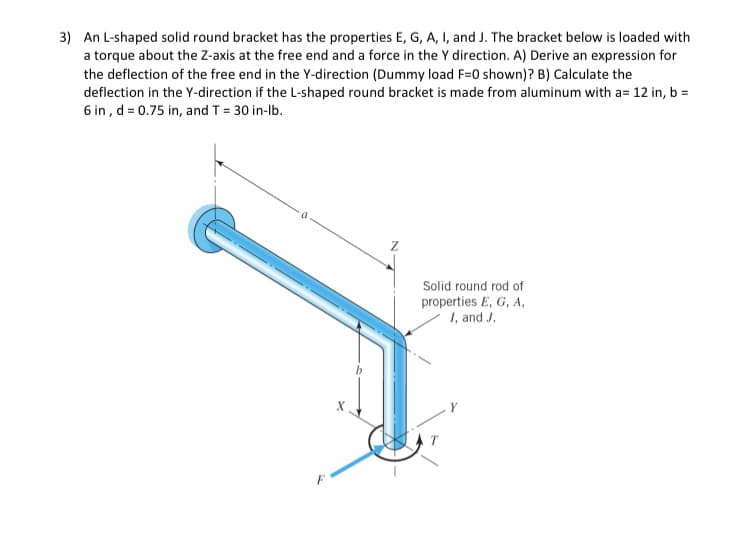 3) An L-shaped solid round bracket has the properties E, G, A, I, and J. The bracket below is loaded with
a torque about the Z-axis at the free end and a force in the Y direction. A) Derive an expression for
the deflection of the free end in the Y-direction (Dummy load F=0 shown)? B) Calculate the
deflection in the Y-direction if the L-shaped round bracket is made from aluminum with a= 12 in, b =
6 in, d = 0.75 in, and T = 30 in-lb.
F
X
Solid round rod of
properties E, G, A,
I, and J.