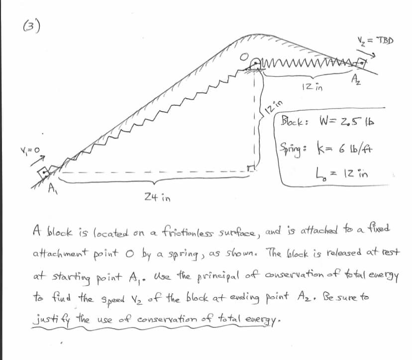 (3)
V₁=
24 in
Com
12 in
www
12 in
A₂
= TBD
Block: W= 2.5 lb
Spring: K= 6 lb/ft
L = 12 in
frictionless surface, and is attached to a
A block is located on a
attachment point O by a spring,
at starting point A₁. Use the principal of conservation of total energy
to find the speed V₂ of the block at ending point A₂. Be sure to
justify the use of conservation of total
energy.
fixed
a spring, as shown. The block is released at rest