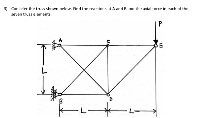 3) Consider the truss shown below. Find the reactions at A and B and the axial force in each of the
seven truss elements.
L
P
E