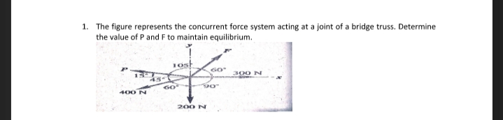 1. The figure represents the concurrent force system acting at a joint of a bridge truss. Determine
the value of P and F to maintain equilibrium.
1ost
300 N
60
400 N
200 N
