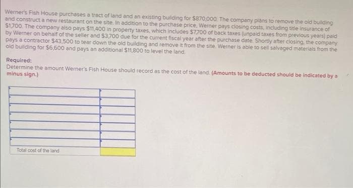 Wermer's Fish House purchases a tract of land and an existing building for $870,000. The company plans to remove the old bullding
and construct a new restaurant on the site. In addition to the purchase price, Werner pays closing costs, including title insurance of
$1700. The company also pays $11,400 in property taxes, which includes $7700 of back taxes (unpaid taxes from previous years) paid
by Werner on behalf of the seller and $3700 due for the current fiscal year after the purchase date. Shortly after closing, the company
pays a contractor $43,500 to tear down the old building and remove it from the site. Werner is able to sell salvaged materials from the
old building for $6,600 and pays an additional $11800 to level the land.
Required:
Determine the amount Werner's Fish House should record as the cost of the land. (Amounts to be deducted should be indicated by a
minus sign.)
Total cost of the land
