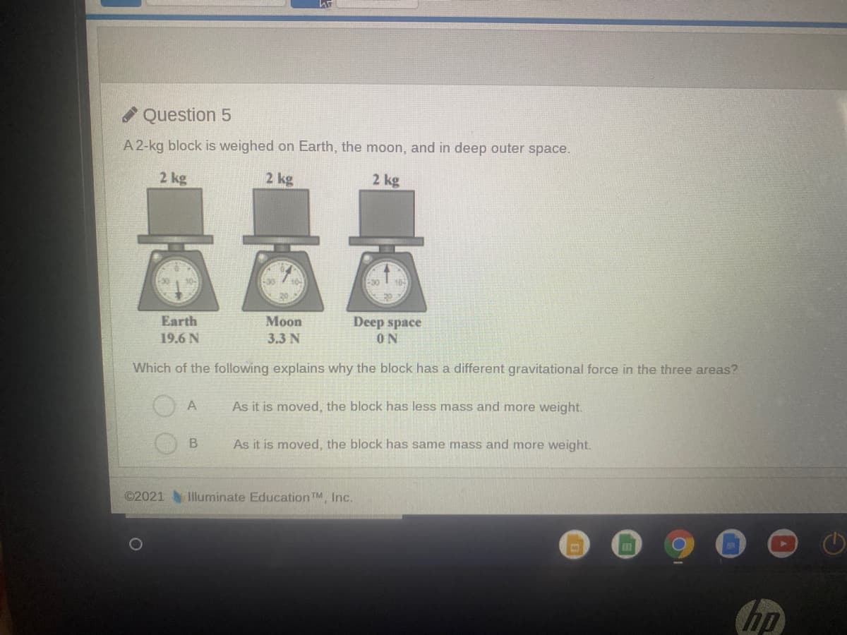 Question 5
A 2-kg block is weighed on Earth, the moon, and in deep outer space.
2 kg
2 kg
2 kg
Earth
Мoon
Deep space
ON
19.6 N
3.3 N
Which of the following explains why the block has a different gravitational force in the three areas?
A
As it is moved, the block has less mass and more weight.
As it is moved, the block has same mass and more weight.
©2021 Iluminate EducationTM, Inc.
hp
