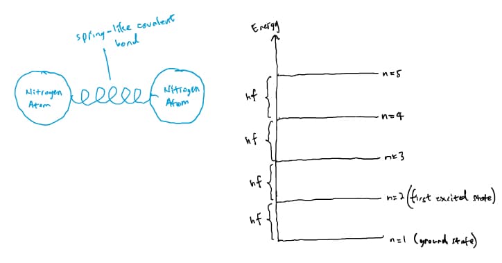 spring-like covalent
bond
Mitragon нееее
eeeee
Atom
Nitrogen
Afom
Energy
nf
nf
nf
hf
n = 5
n=4
n=3
1= 2 (first excited state)
n=1 (ground state)