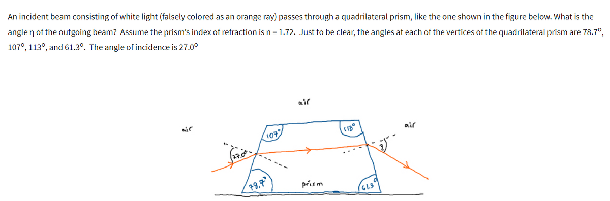 An incident beam consisting of white light (falsely colored as an orange ray) passes through a quadrilateral prism, like the one shown in the figure below. What is the
angle n of the outgoing beam? Assume the prism's index of refraction is n = 1.72. Just to be clear, the angles at each of the vertices of the quadrilateral prism are 78.7°,
107°, 113°, and 61.30. The angle of incidence is 27.0°
air
$27.00
78,7
107
air
prism
13°
61.3
air